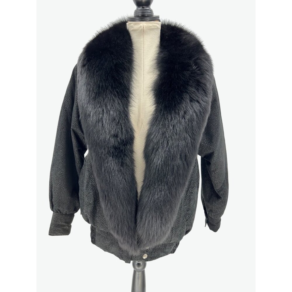 Roxciticus Leather Jacket Fur Collar Vintage 80s Bomber Black S punk rock goth
